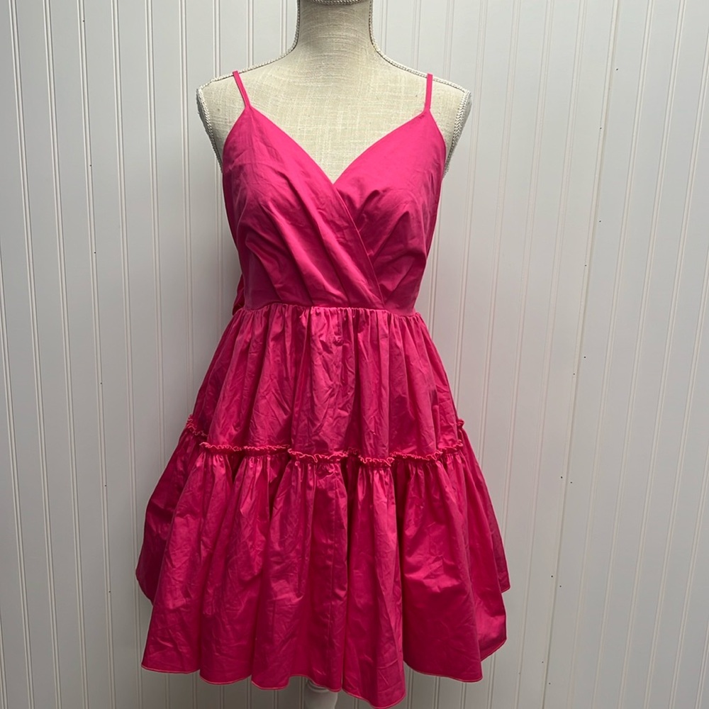 Lilli Sidonio Pink Fushia Tie Waist Tiered Skirt Surplice Strappy Dress Sz M